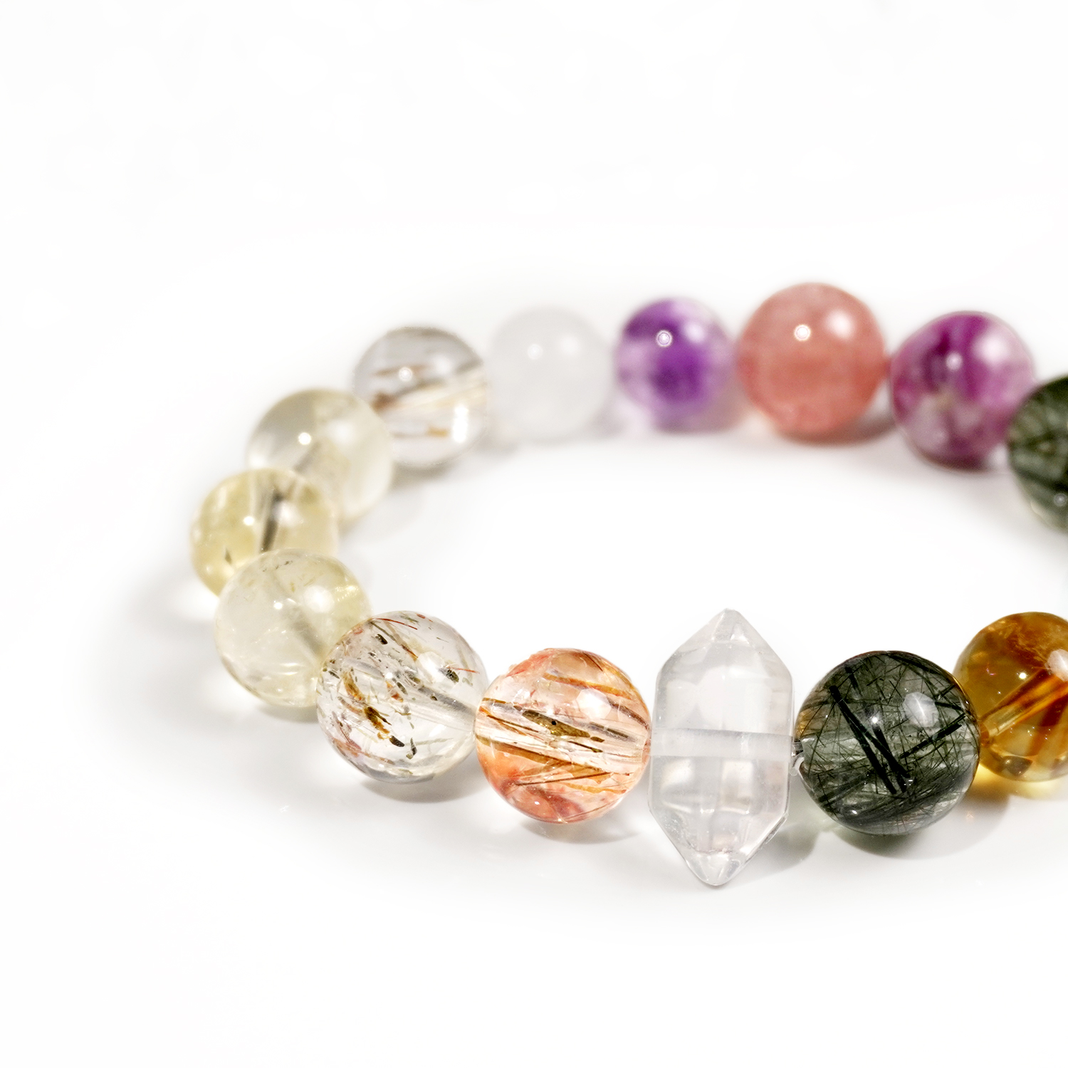Multi-treasure crystal bracelet (Strawberry crystal + Purple lithium mica + Green hair Crystal + aquamarine + Yellow Tower Crystal + White Crystal + Black Gold Super + Yellow Crystal + Blue Moonlight + Purple Jade)