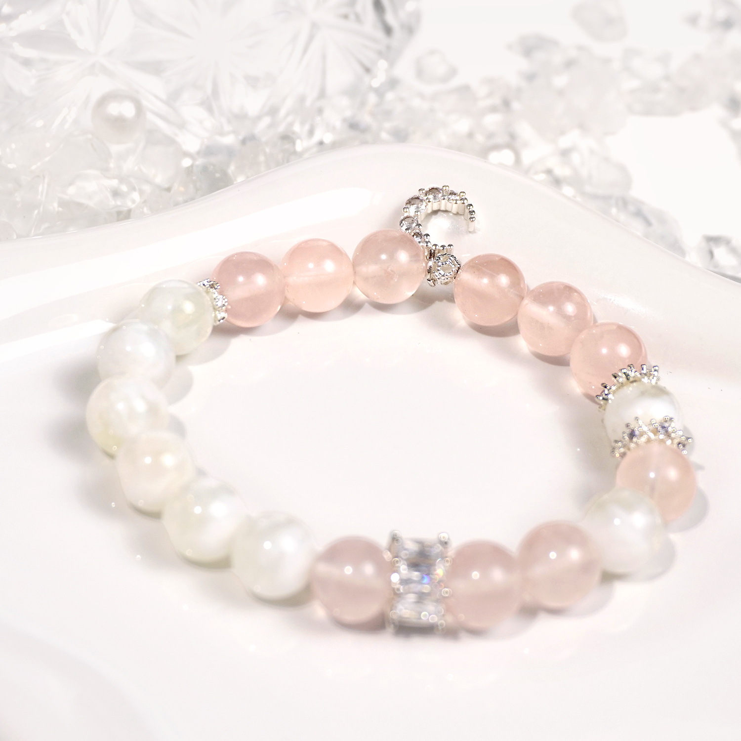 Natural rose quartz + white snowflake ghost bracelet