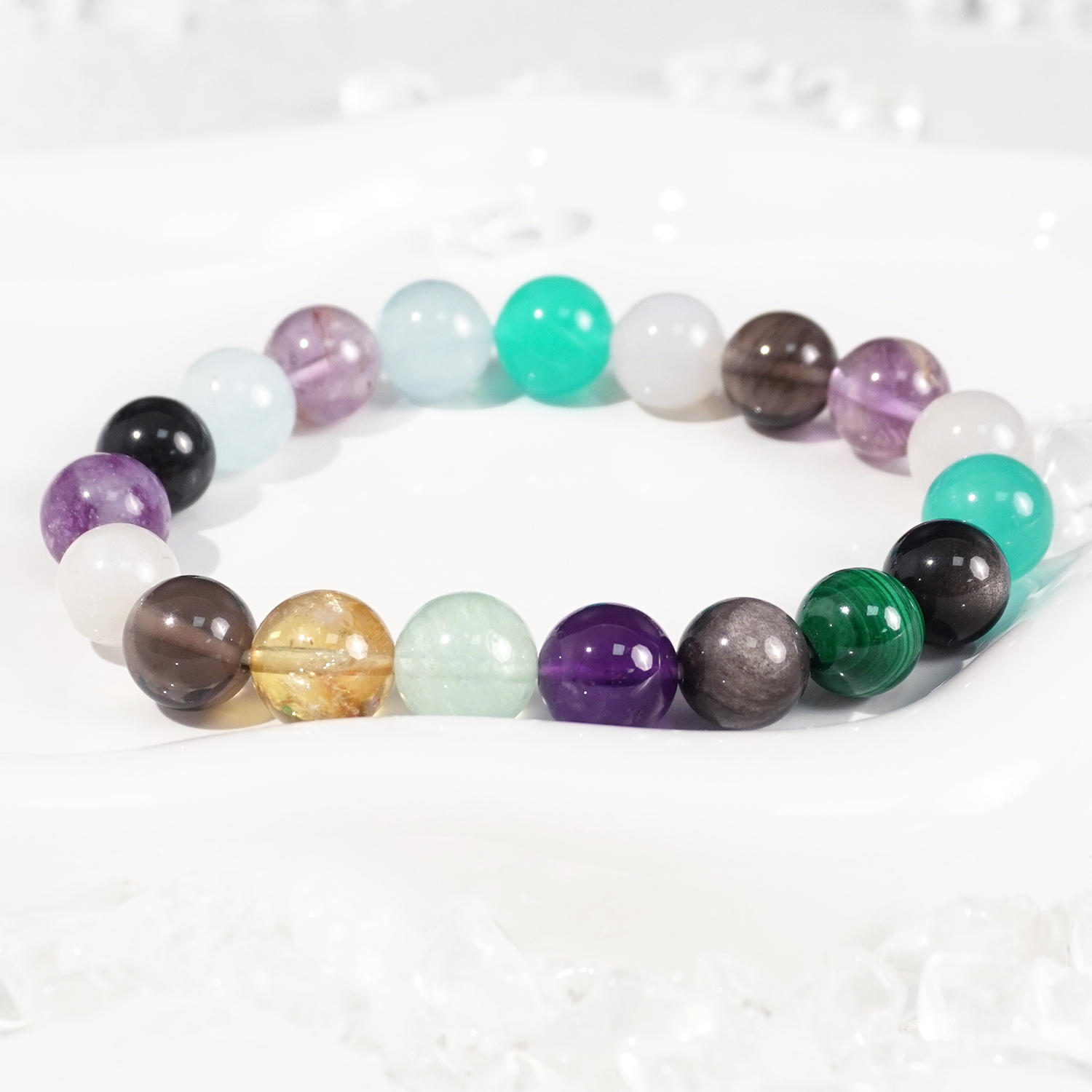 Silver obsidian + yellow tower crystal + Yellow Hair crystal + White crystal + Green Ghost + Black Gold Super Seven + Amethyst + green hair crystal + Golden tiger's eye + Yellow tiger's eye + Black Gold Super Seven casual bracelet