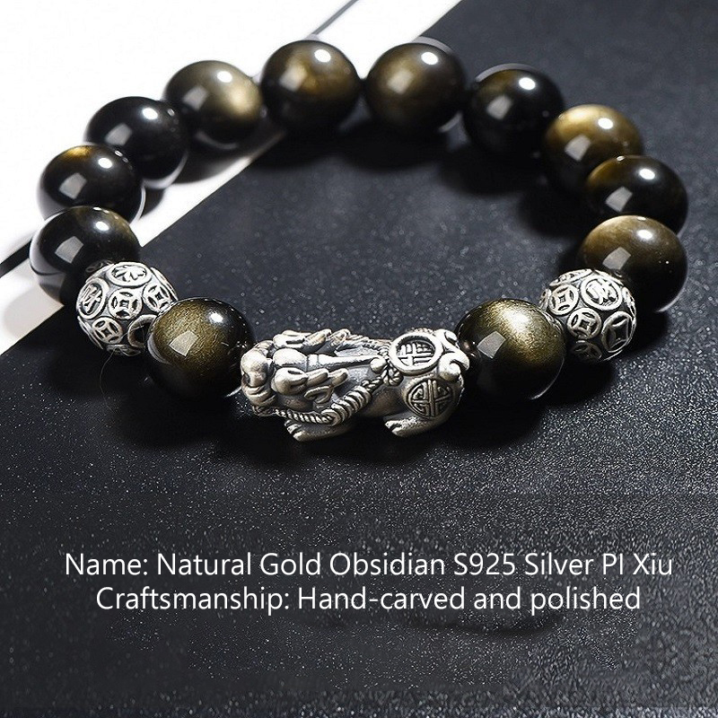 High-end men's bracelet - PI Xiu pure silver + natural Obsidian gold