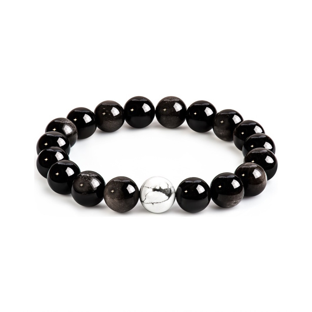 High-end men's bracelet - natural silver obsidian + white turquoise