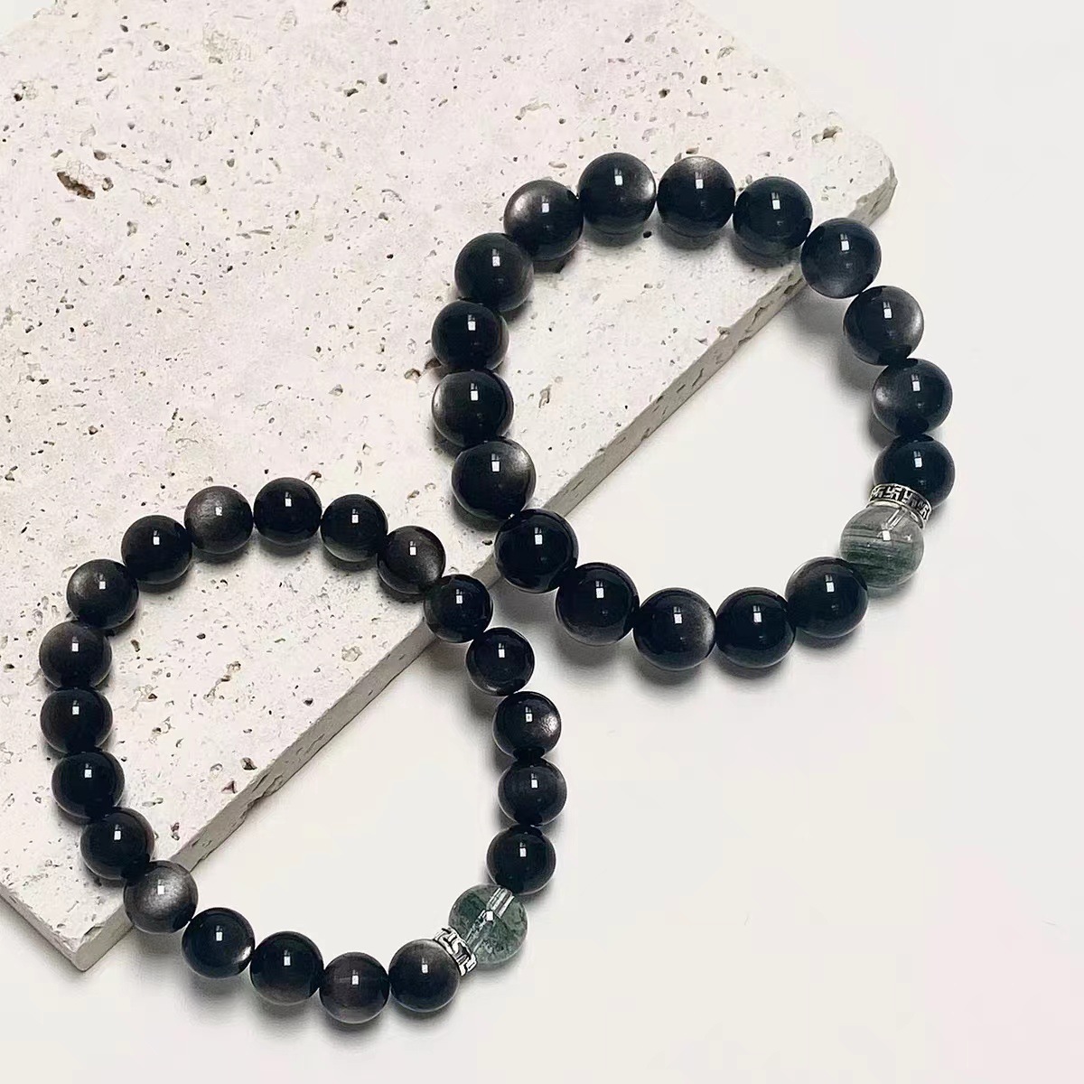 High-end men's bracelet - Obsidian + Green Ghost