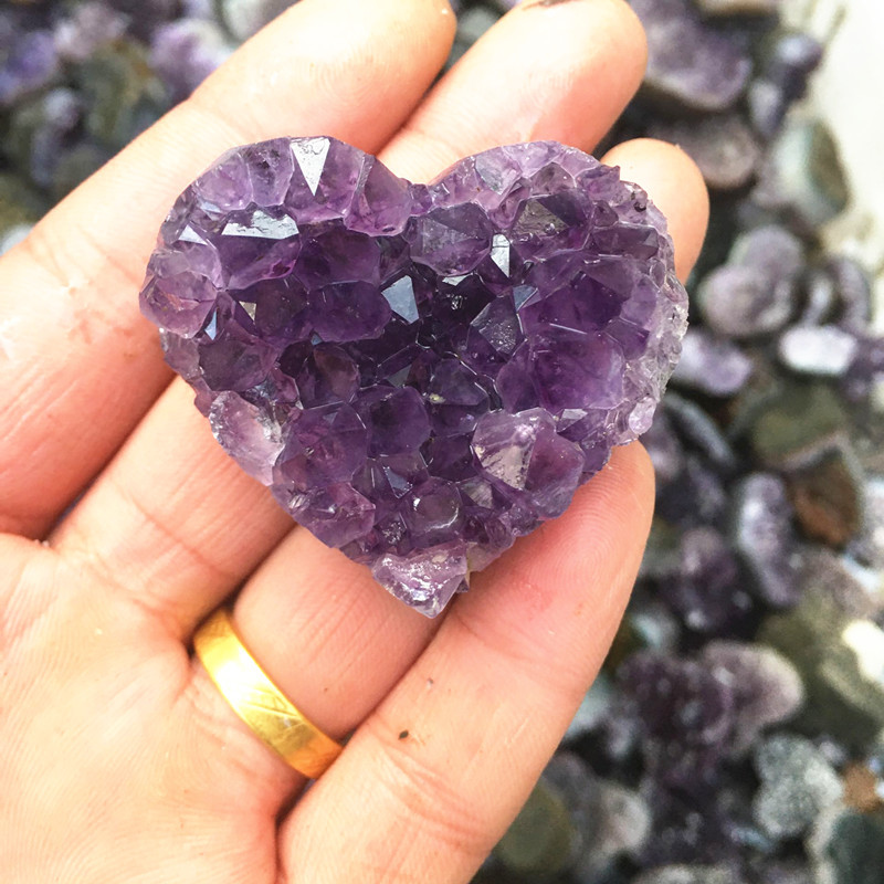 Natural amethyst cluster heart-shaped raw stone polished