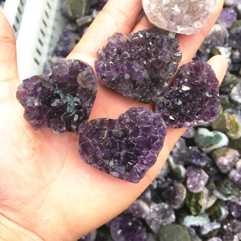 Natural amethyst cluster heart-shaped raw stone polished