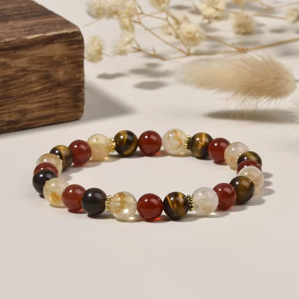 White crystal, red agate and tiger's eye stone wealth-attracting bracelet
