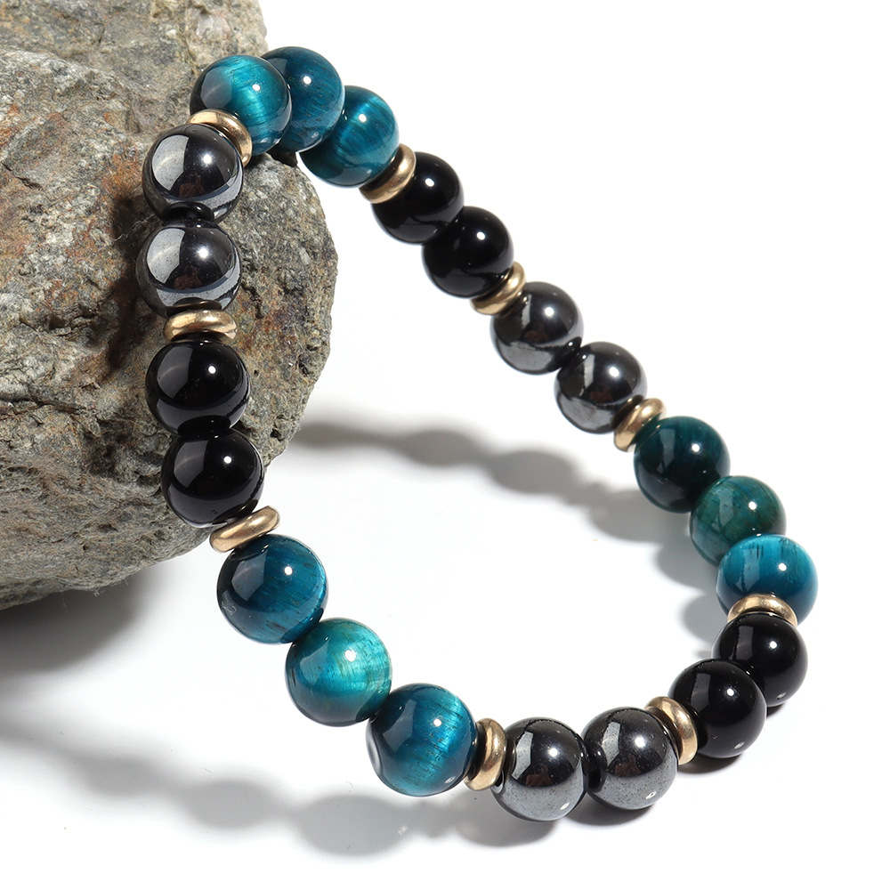 Men's natural stone blue tiger's eye beaded bracelet