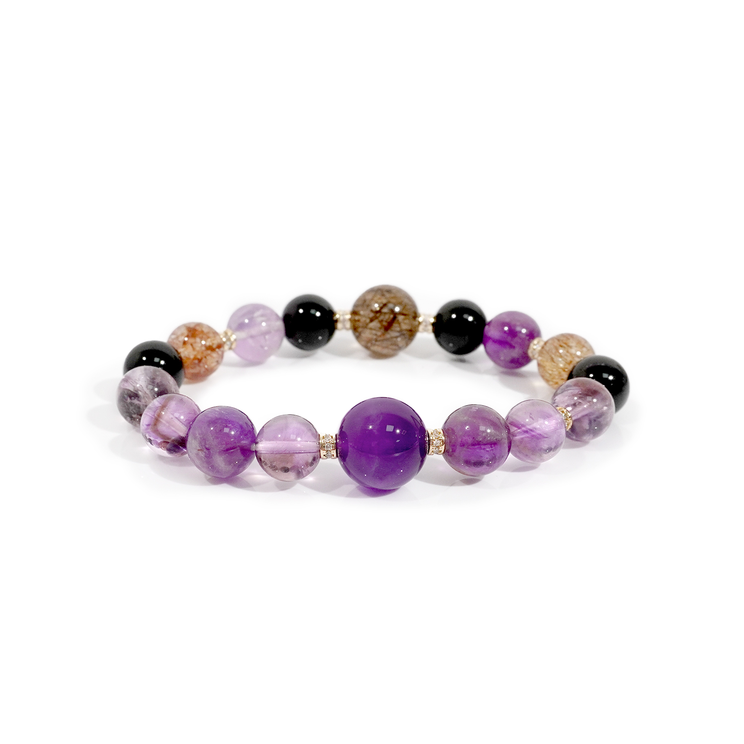 Multi-treasure crystal: Black Super Gold + Purple Ghost + Black Tourmaline + Purple Tower Crystal + Amethyst bracelet