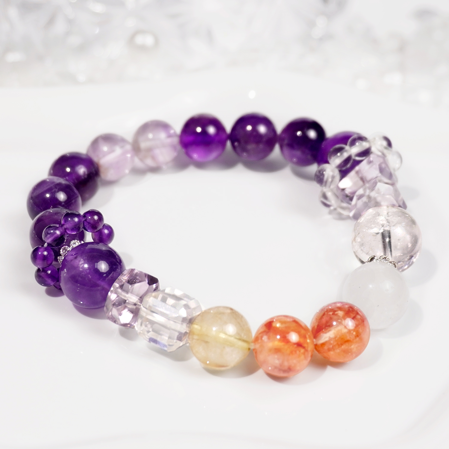 Multi-treasure crystal: Amethyst + Gel-flower White Ghost + Yellow Asai + White Asai bracelet