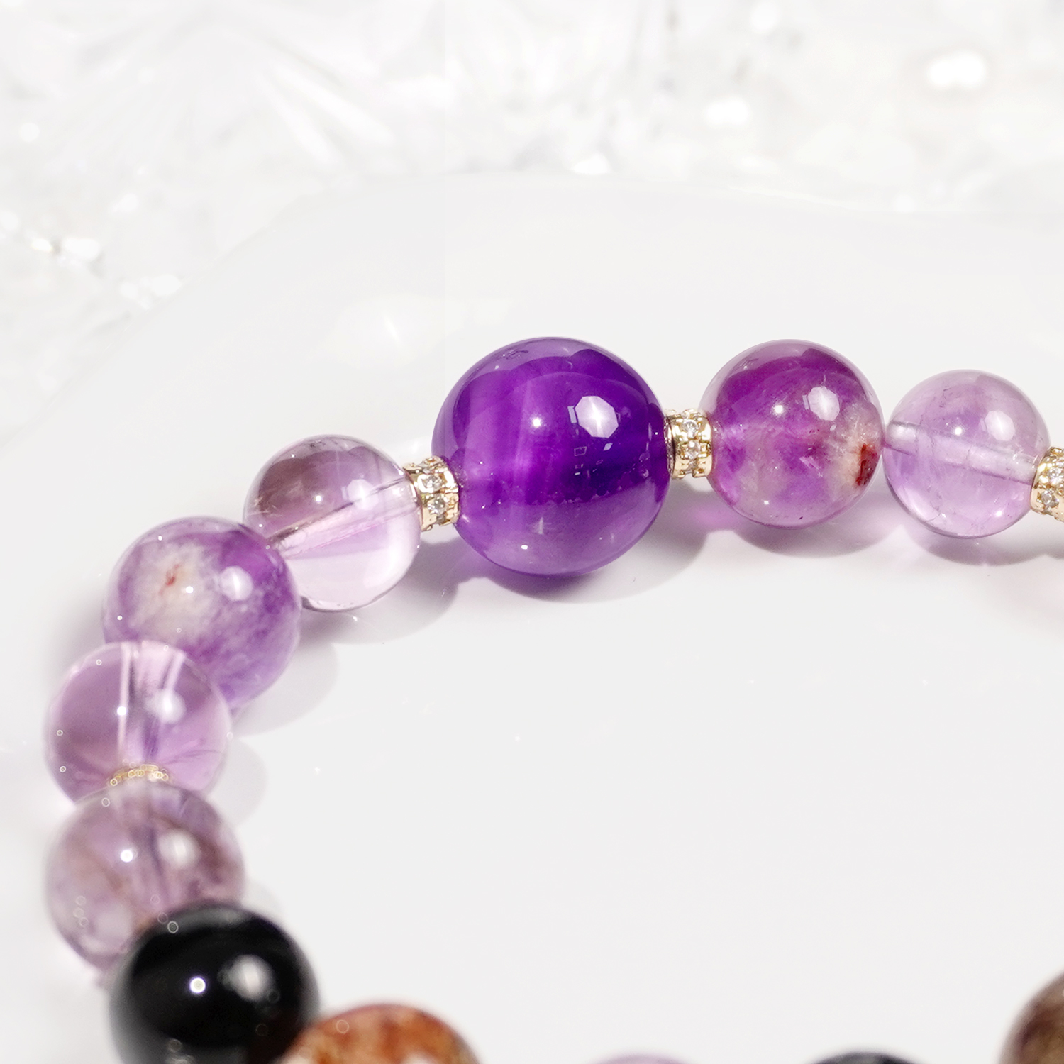 Multi-treasure crystal: Black Super Gold + Purple Ghost + Black Tourmaline + Purple Tower Crystal + Amethyst bracelet