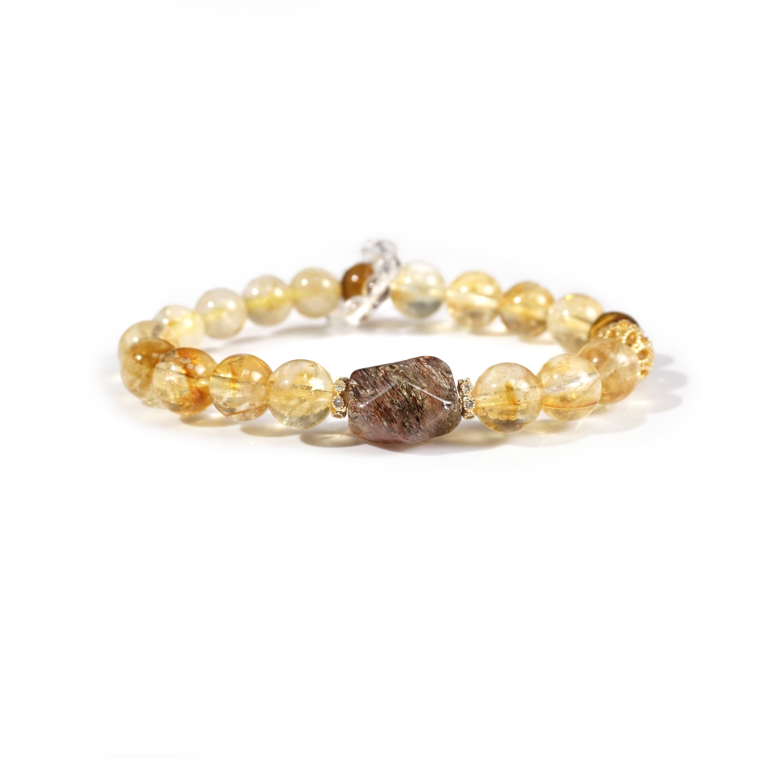 Tiger's eye + citrine + golden hair crystal + white crystal + black gold super Seven crystal column bracelet