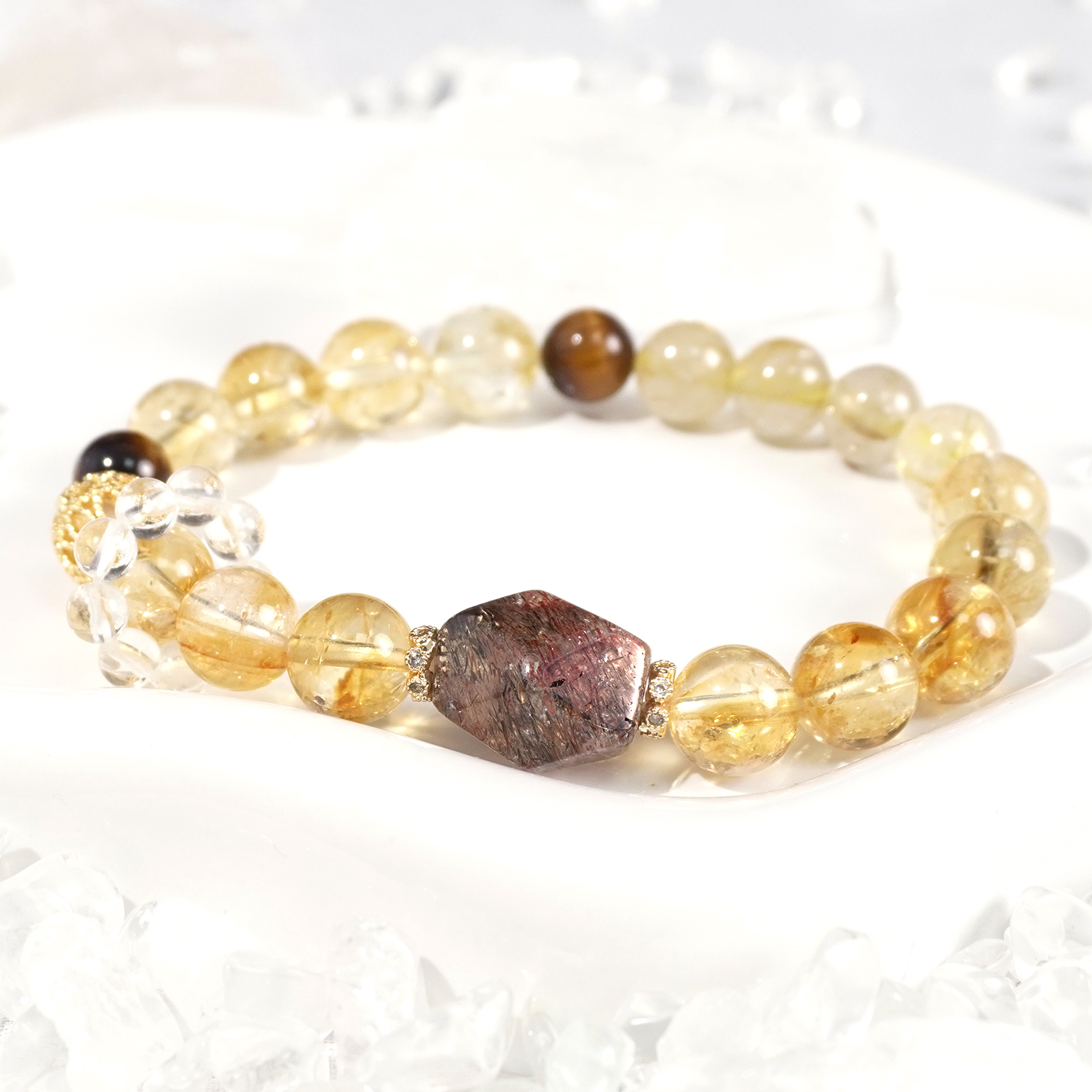Tiger's eye + citrine + golden hair crystal + white crystal + black gold super Seven crystal column bracelet