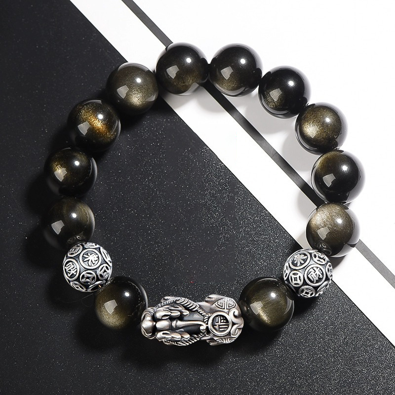 High-end men's bracelet - PI Xiu pure silver + natural Obsidian gold