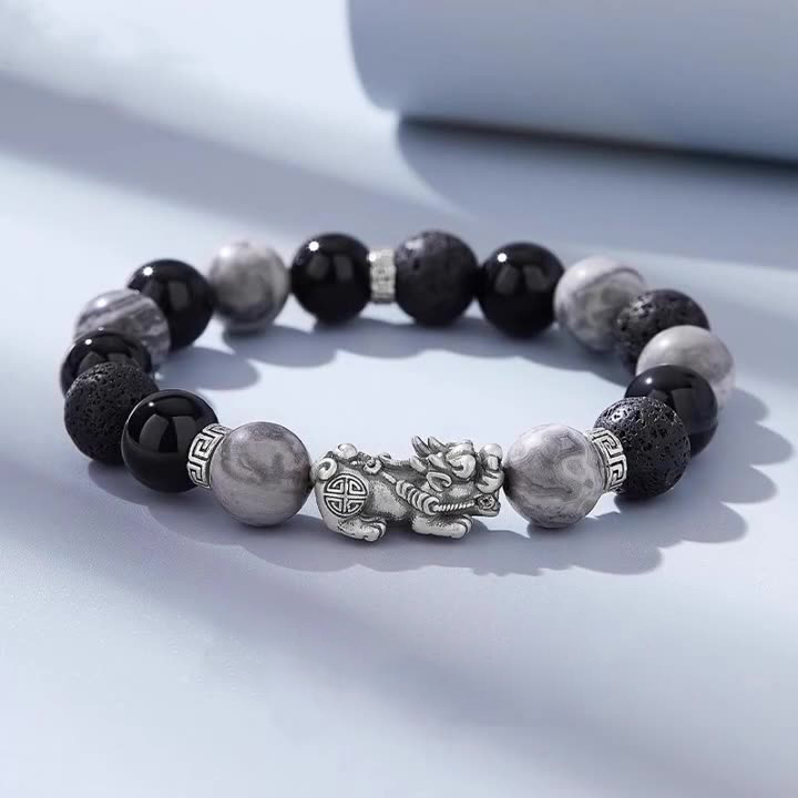 High-end men's bracelet - PI Xiu sterling silver + black agate bracelet