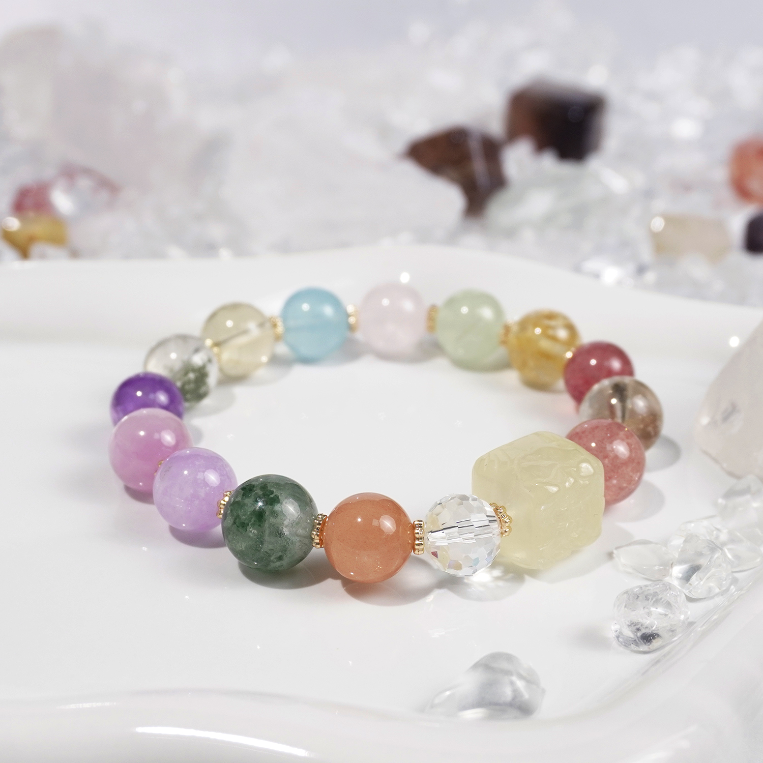 Green Ghost + Citrine + Aquamarine + Rose Quartz + Hairline Grapevine + Yellow Tower Crystal + Deep Red Strawberry + Tea Hair Crystal + Strawberry Crystal + Lemon Crystal Peony Flower + White Crystal Cut Surface + Orange Moonlight + Green Crystal + P