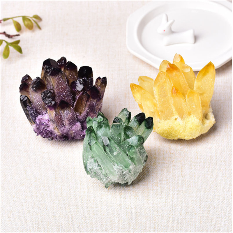 Natural crystal cluster ornament: yellow crystal, green ghost, purple crystal, crystal cluster raw stone