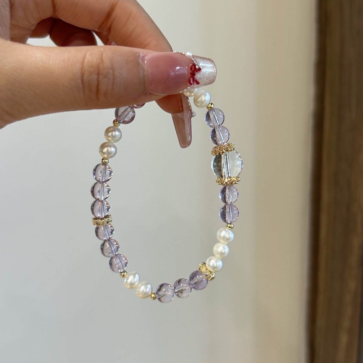 Natural amethyst + white crystal + pearl bracelet